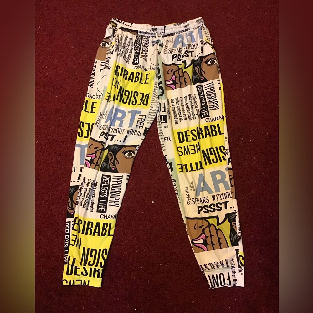 FIRE & FLEUR SZ XL WOMENS NEWSPAPER PRINT JOGGERS PANTS LEISURE EUC